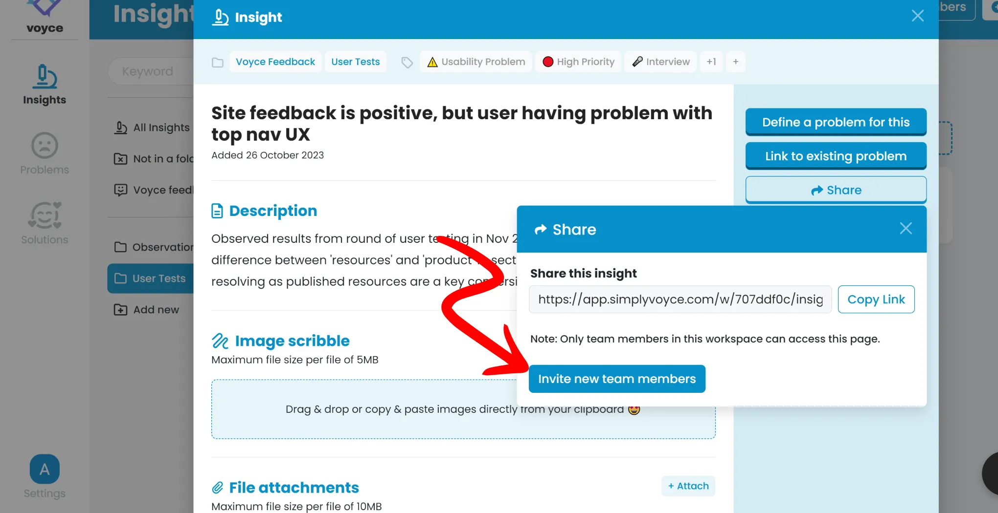 A mockup showing invite new team members button on Share modal.
